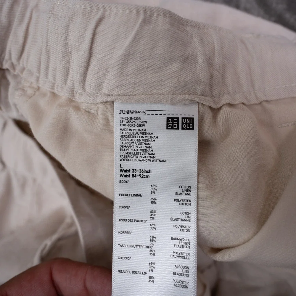 Uniqlo Linen Blend Pants Mens L Beige Excellent Drawstring Straight Leg Trousers
